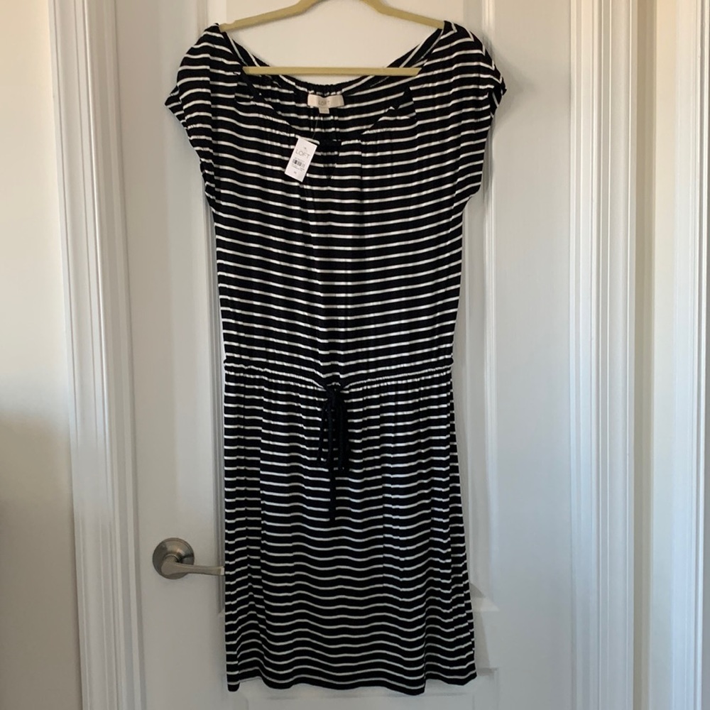 NWT LOFT Black/White Nautical Stripes Braided Rope Drawstring Dress Size M